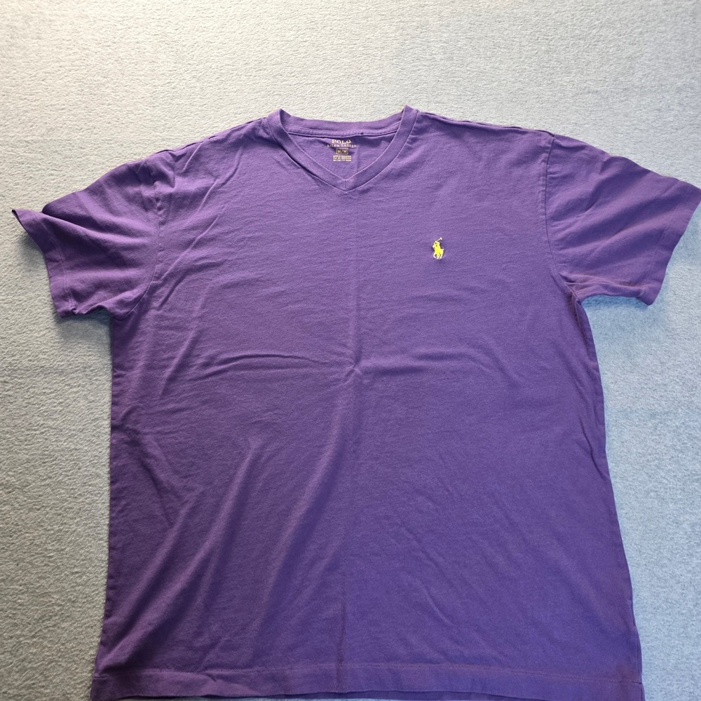 Polo Ralph Lauren Mens V-Neck T-Shirt Purple Yellow Pony Logo Cotton Size Medium
